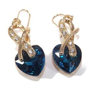 Vintage Heart Teal Blue Crystal Gold Tone Drop Earrings, 1 1/2 Inches